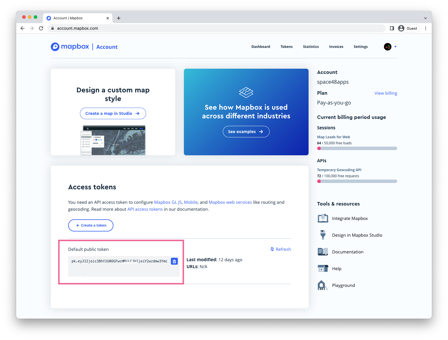 Public access token on the Mapbox account page