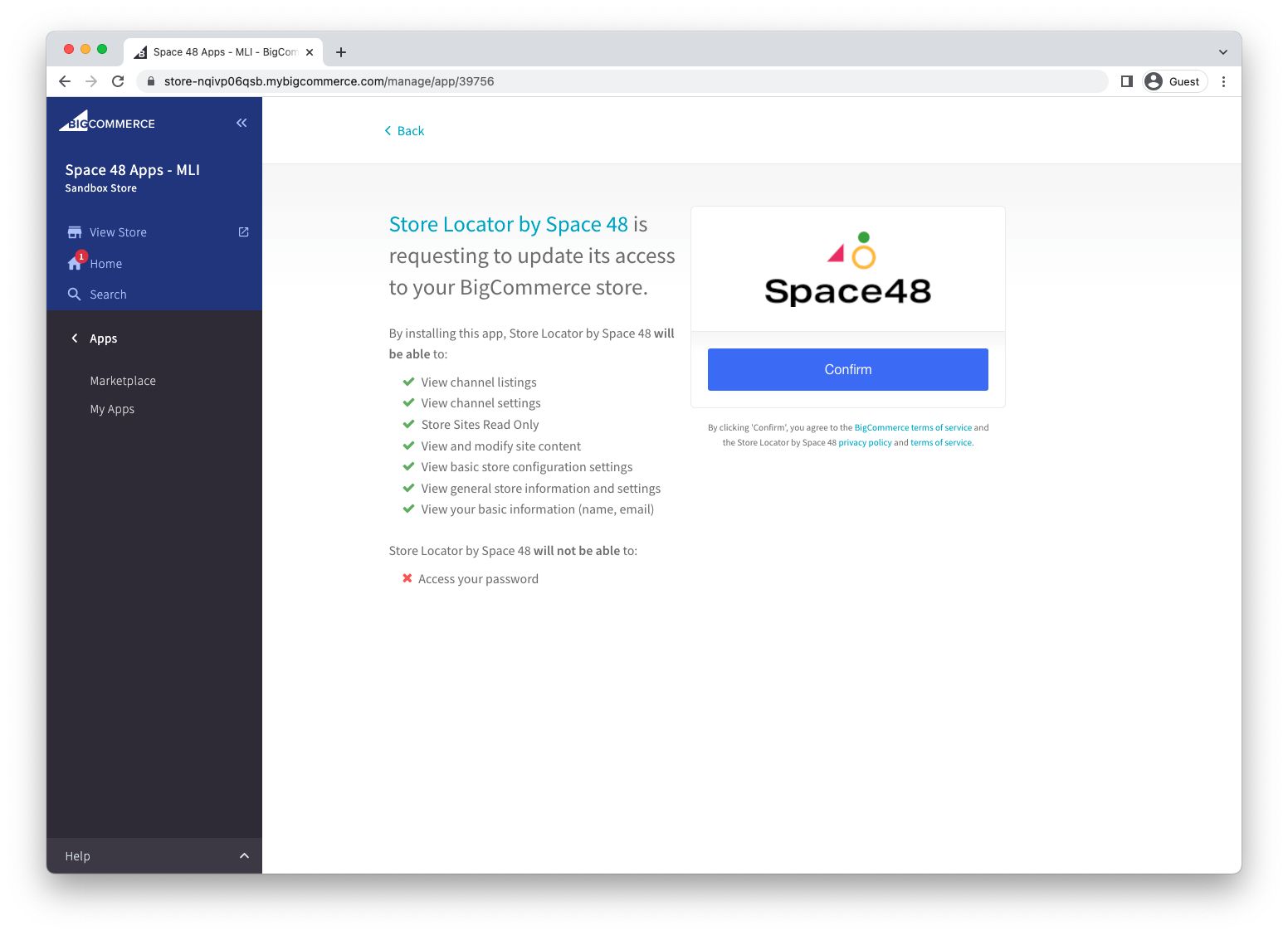 BigCommerce permissions confirmation for Store Locator