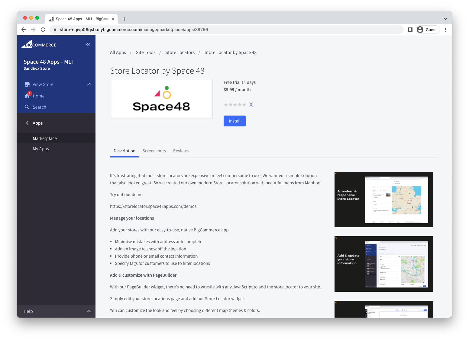 Store Locator installation screen in BigCommerce