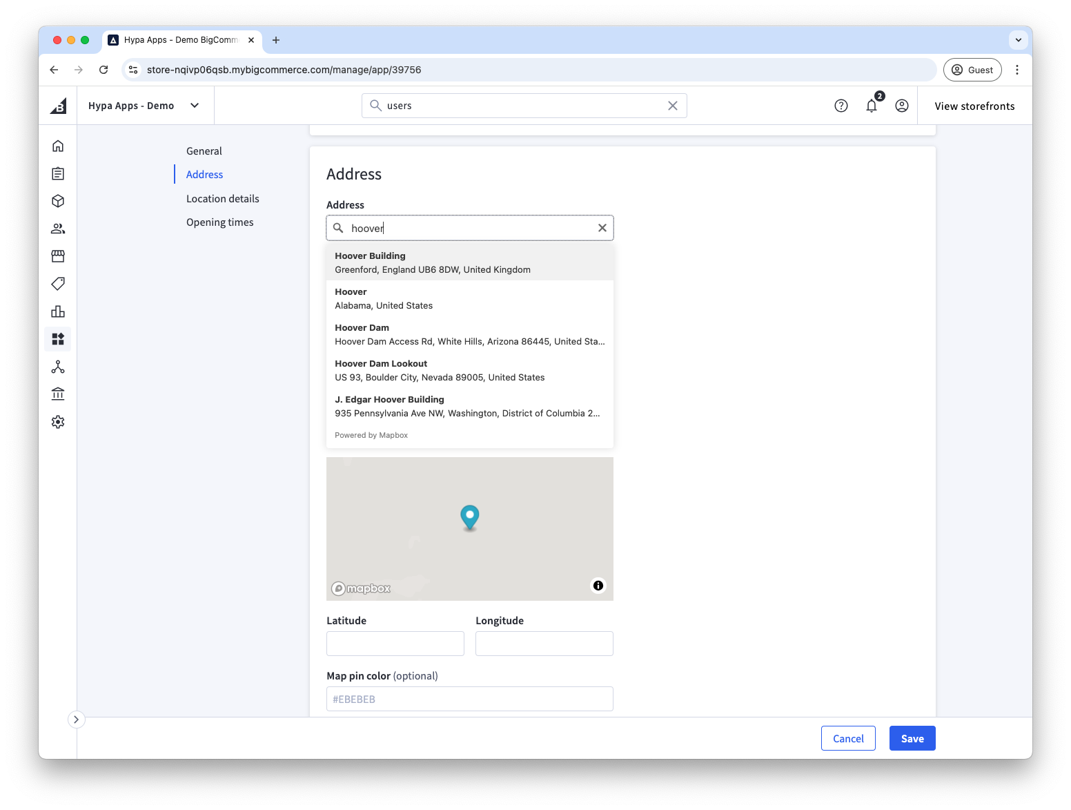 Address and map fields for a new Store Locator location