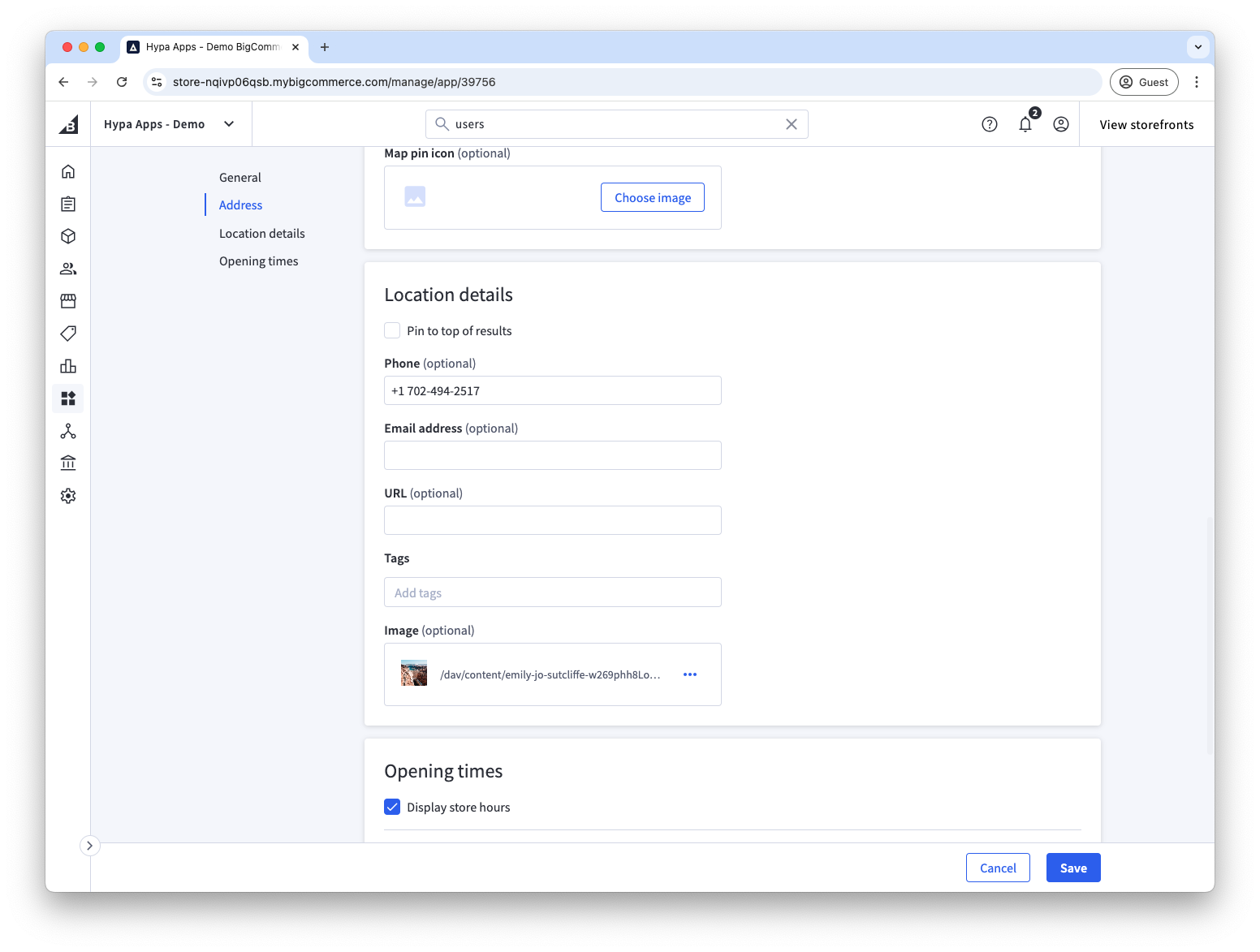 Contact fields for a Store Locator location