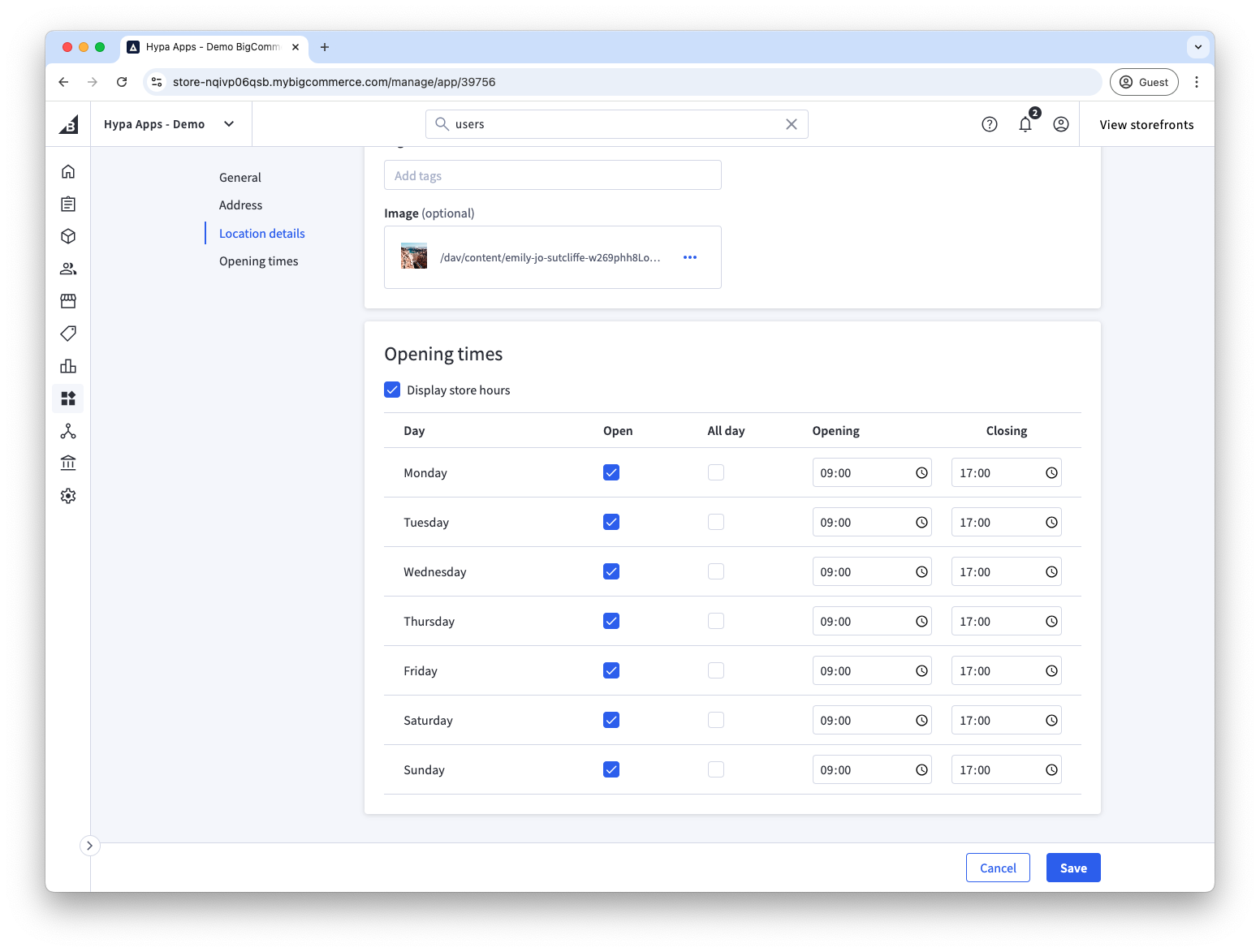 Opening-time controls for a Store Locator location