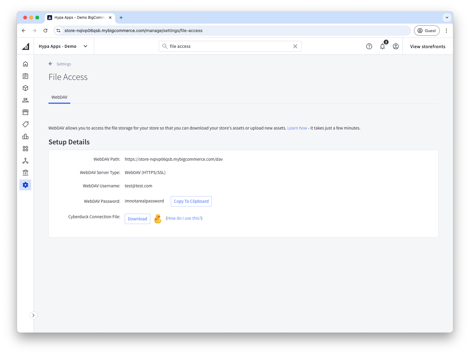 File access and WebDAV credentials in BigCommerce settings