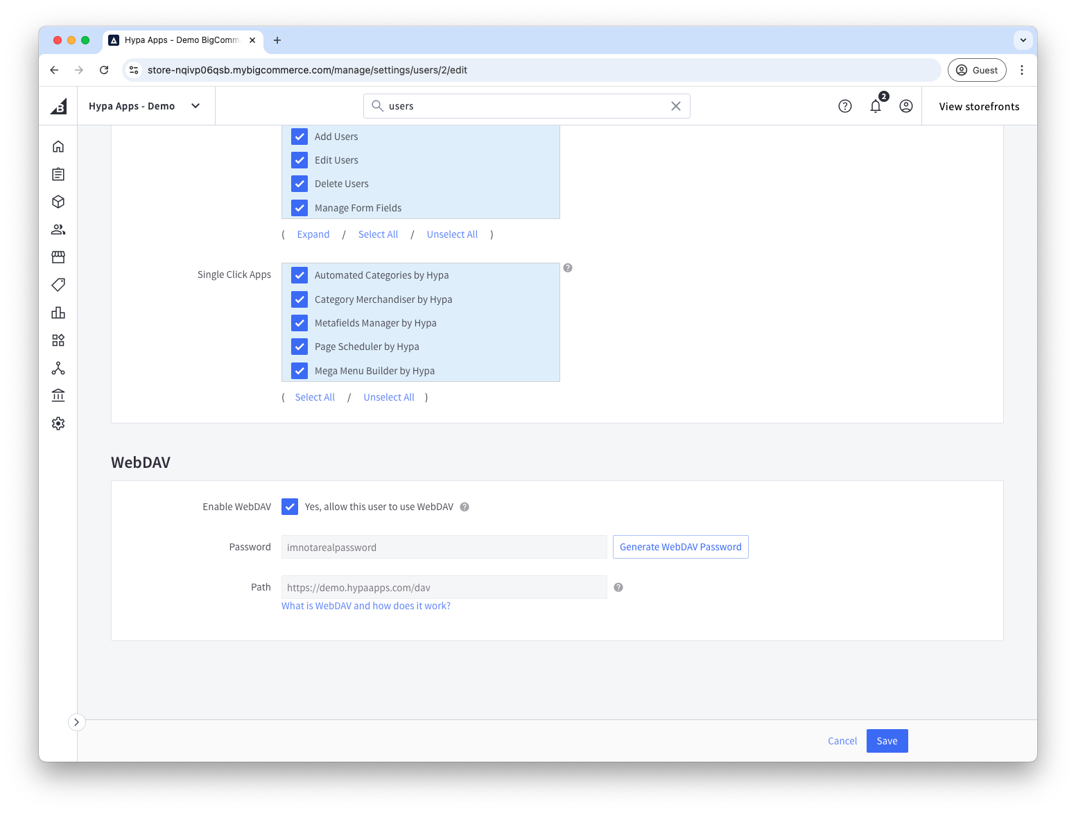 WebDAV permission enabled for a BigCommerce user
