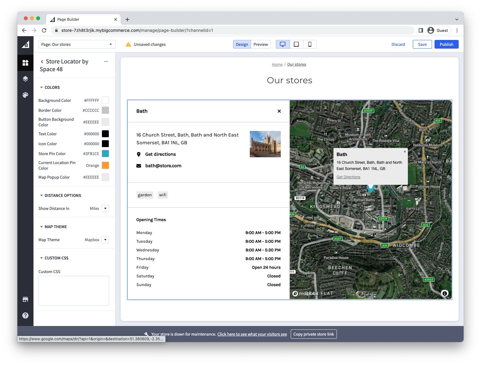 Style and map settings for the Store Locator widget