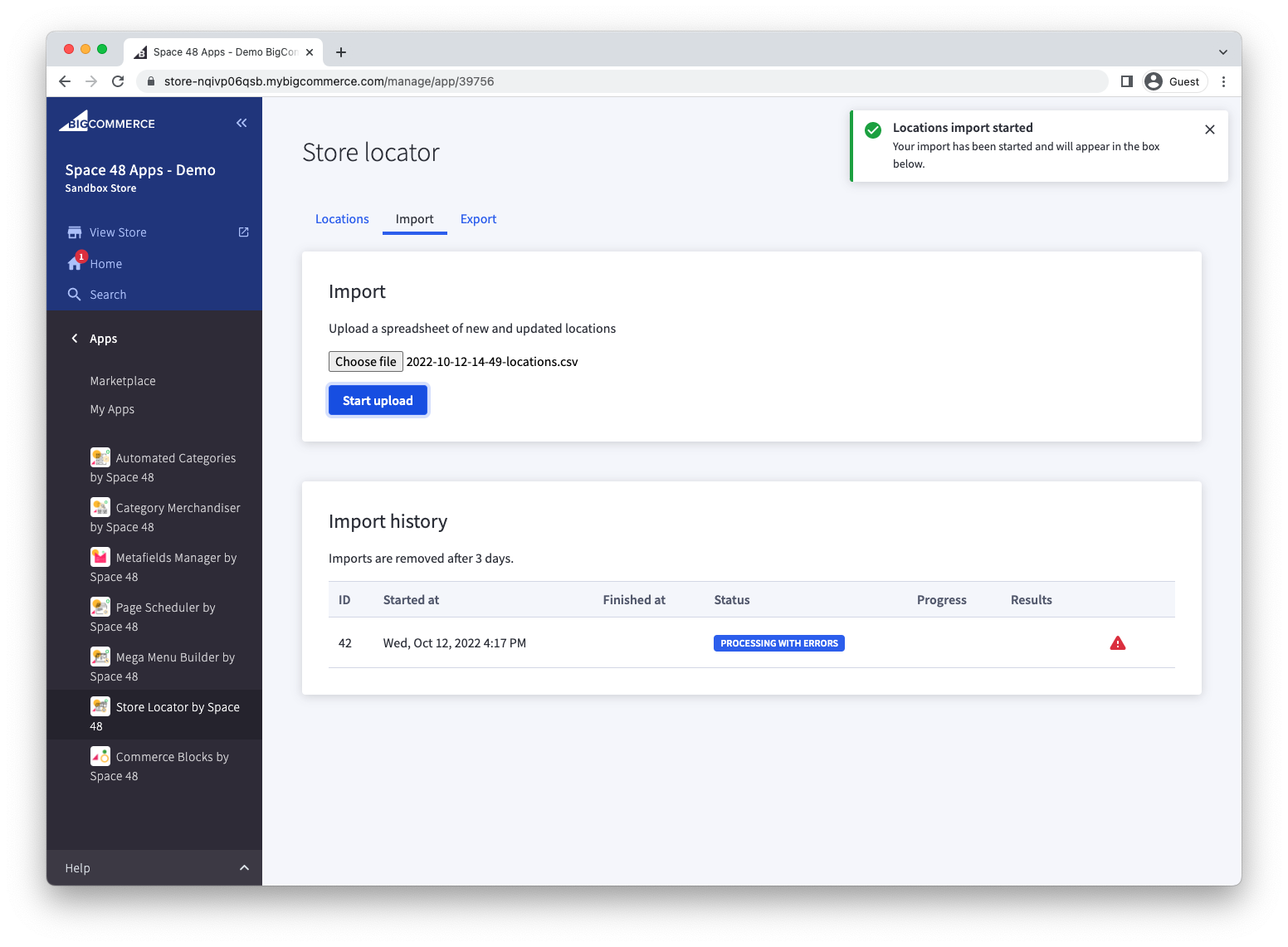 CSV file selected in the Store Locator import panel