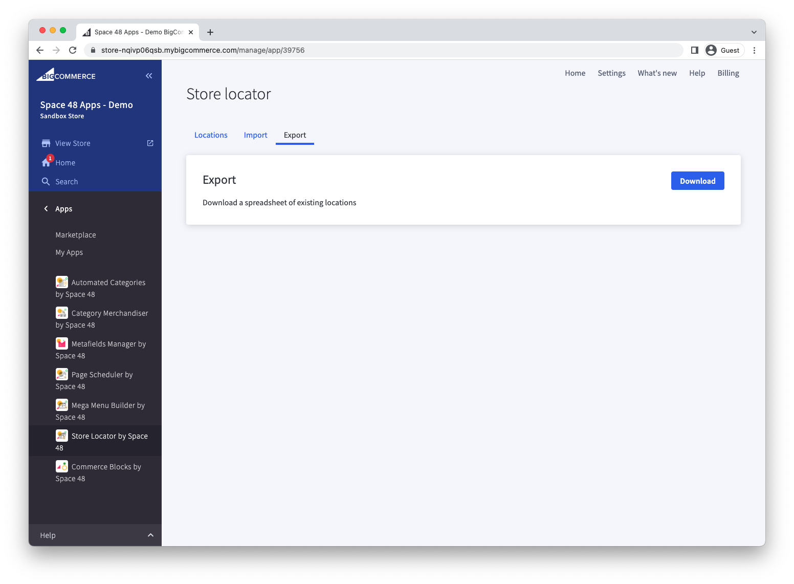 Download action in the Store Locator export panel
