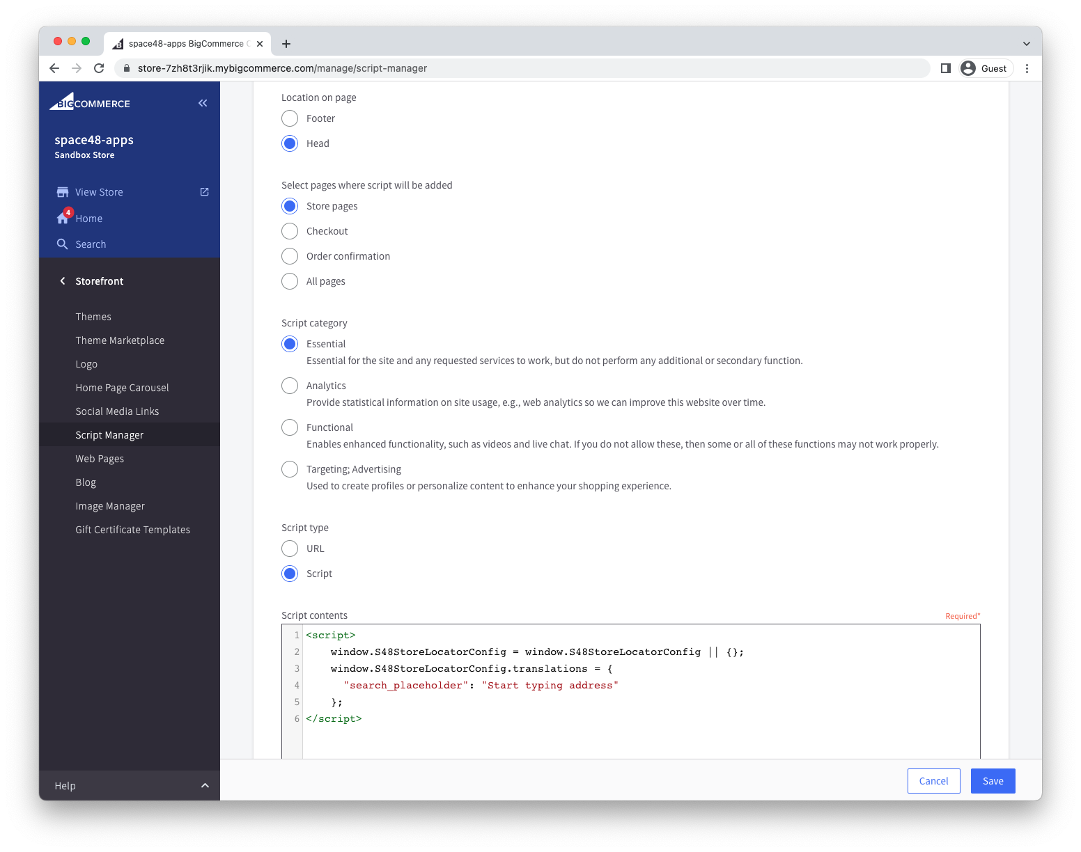 Script Manager settings for a Store Locator translation override