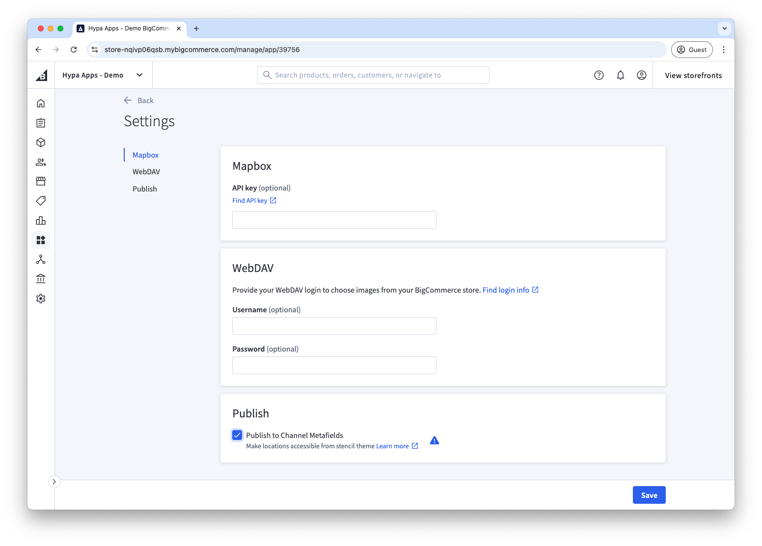 Publish to Channel Metafields option in Store Locator settings